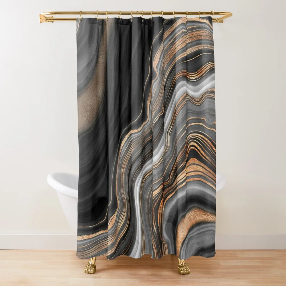 Elegant Black and Gray Faux Marble with Gold Veins Shower Curtain Shower For Bathroom For Shower Bathroom Fabric Curtain