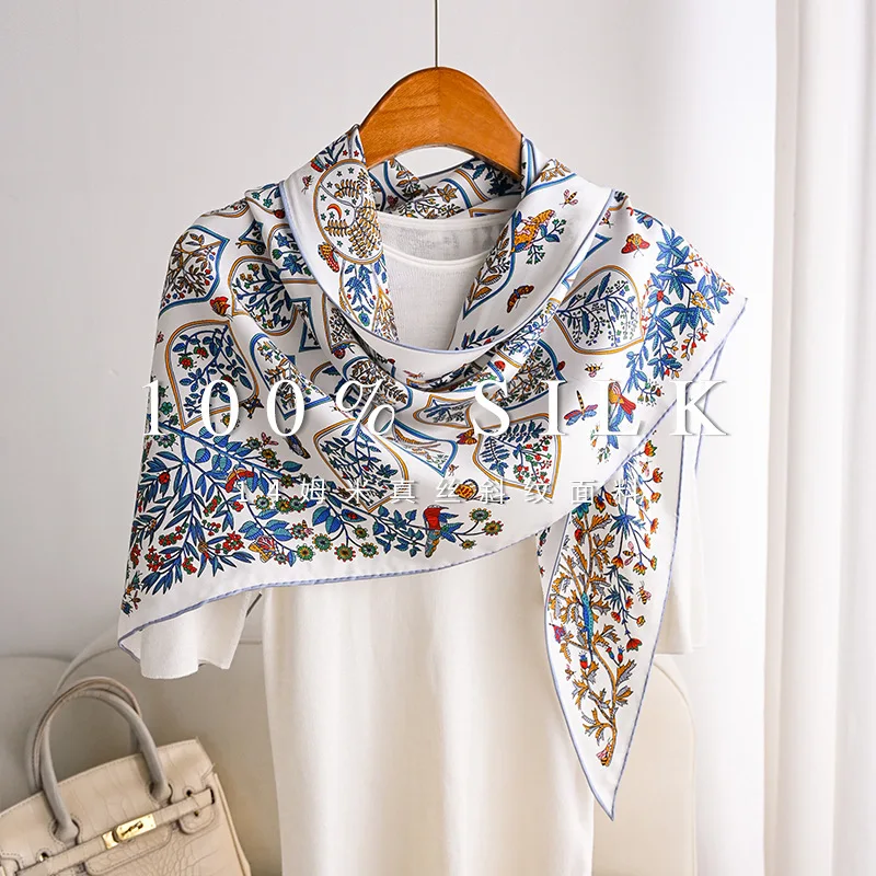 Original Luxury Scarves Thailand Style Bohemian Blue Leaves Printed Neck Scarf Women Spring Triangle Scarf Hijabs