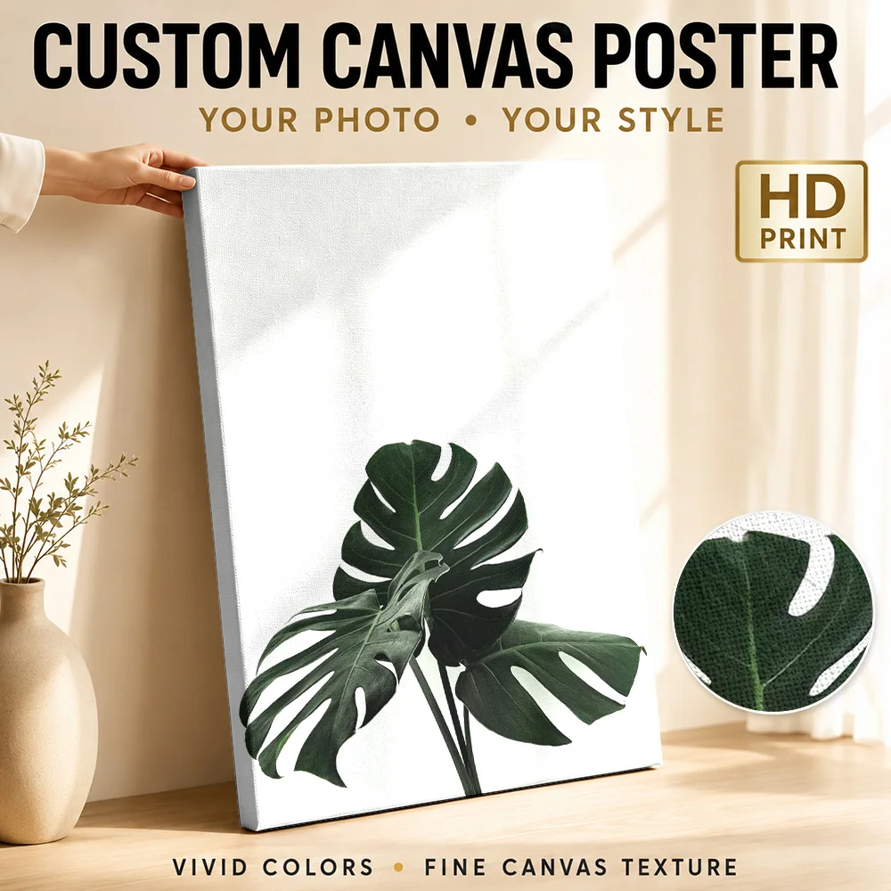 Three Monstera Leaves Botanical Canvas Print With Wooden Frame Personalized Photo Delicate Brushwork Wall Art For Living Room