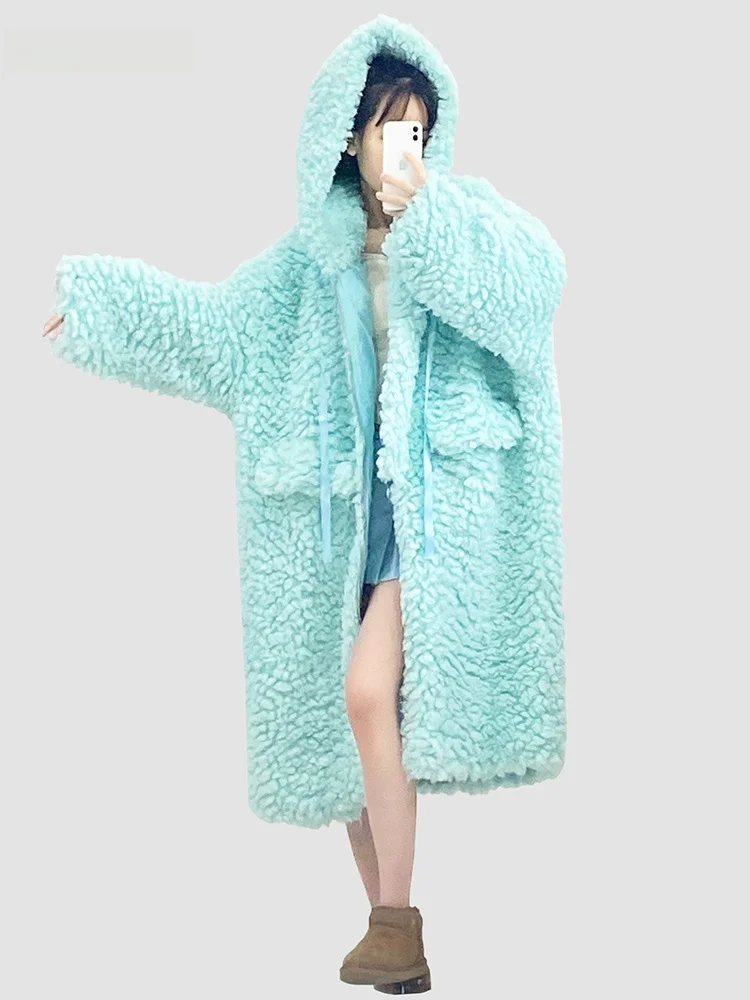 

Nerazzurri Young Style Faux Fur Jacket Women's Long Zipper Hooded Oversize Loose Blue Coat Comfortable Warm Outerwear