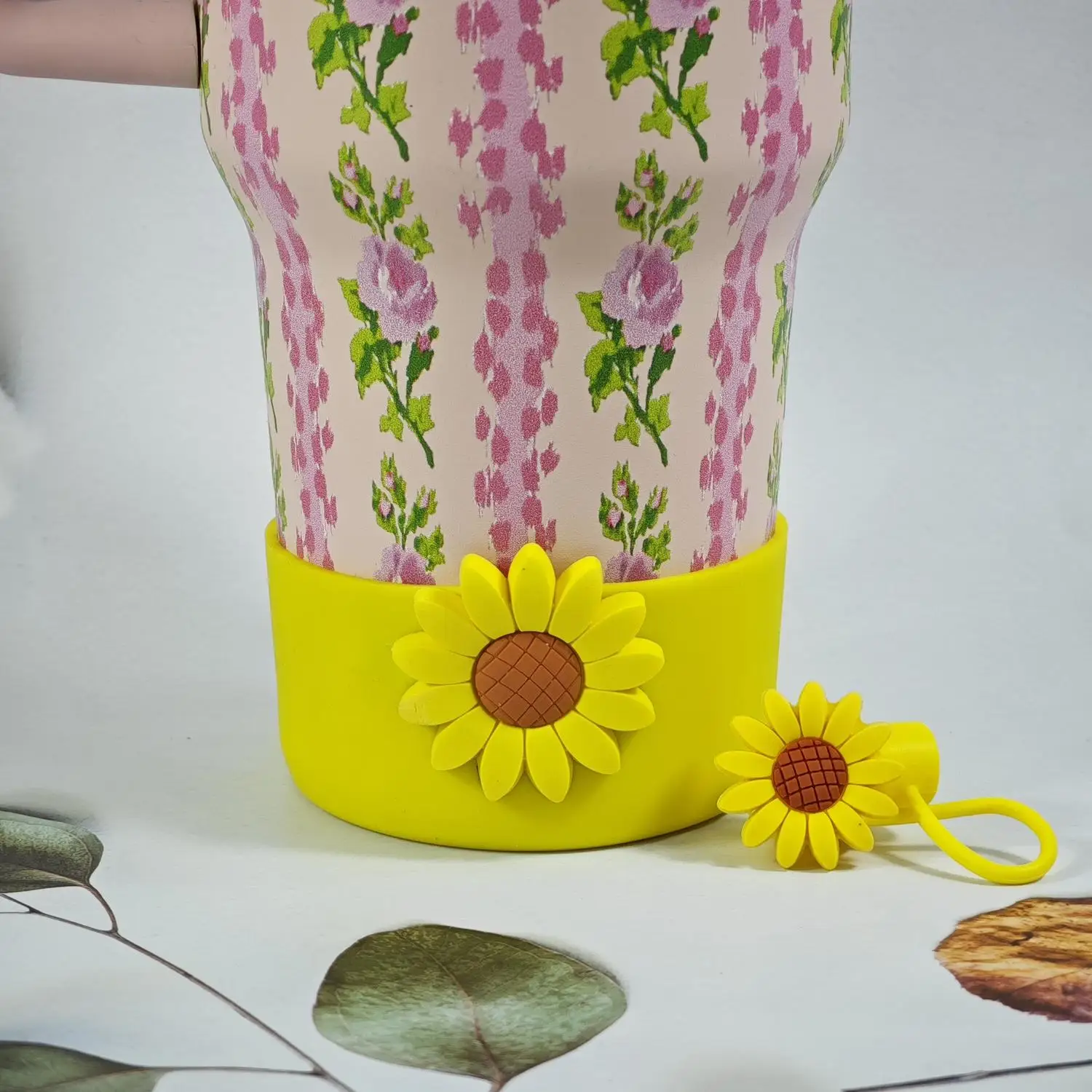 Sunflower Decorated Silicone Cup Sleeve Approx 7.5cm Stanley Cup Accessory Protective Cover New Arrival Cross-Border