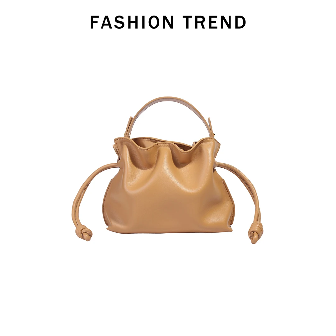 Mendy Genuine Leather Bucket Bag Drawstring Ruched Top Knotted Strap Adjustable Shoulder Crossbody Luxury Designer Original New