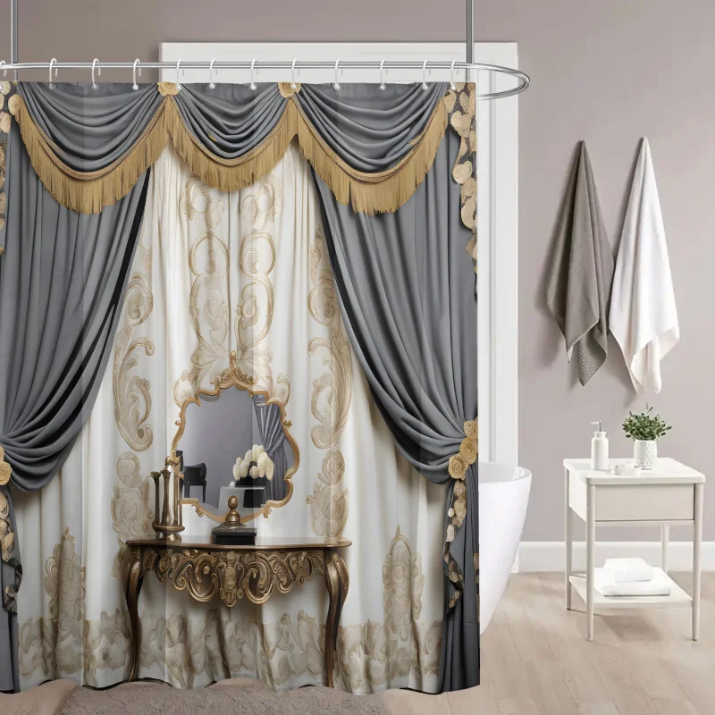 Elegant Woven Polyester Bath Drape with Baroque Mirror and Drapery Print, Water-Resistant Artistic Design, Includes Hooks, Machi