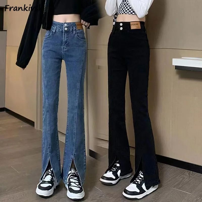 

High Waisted Jeans Women Side-slit Y2k Sexy Girls Vintage Stretchy Flare Trousers All-match Personality Korean Fashion New Mujer