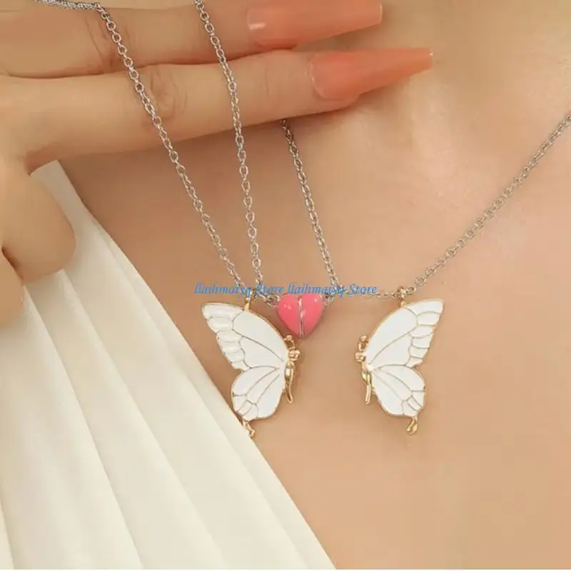 573B Matching Best Friend Necklaces Set 2pcs Butterfly Drop Oil Pendant Clavicle Chain With Glowing In Dark Effect