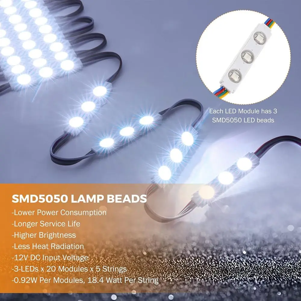 50t Commercial RGB Storeront Light Kit or Businwith Remote Control, 12v Power Supply Transormer, 100Pcs 3-LED Outdoor Adhesive W