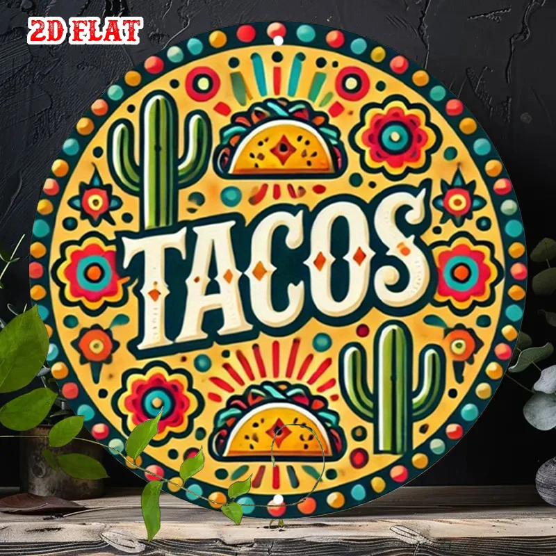 Mexican Taco and Cactus Vintage Aluminum Round Sign, Southwest Style Wall Art for Cafe, Garage or Dining Room, 8 Inch
