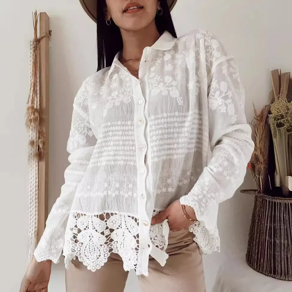 

Весна-лето, новая винтажная вышитая женская однотонная рубашка, модный кружевной женский топ с длинным рукавом и воротником