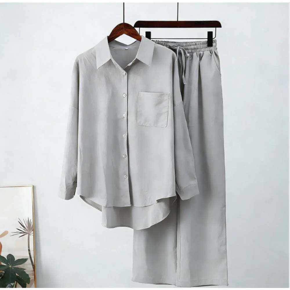 

New Solid Color Shirt Pants Womens Two Piece Set Polo Collar Loose Fit Long Sleeve Tops Casual Shirt Set Womens Clothes