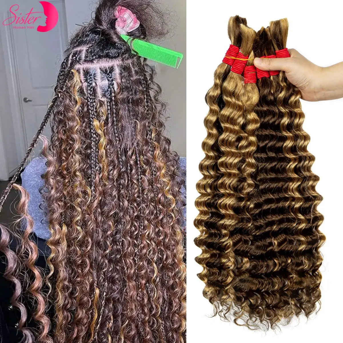 Deep Wave Bulk Human Hair for Boho Braids No Weft 100% 4/27 Highligt Virgin Human Hair Bulk for Braiding Curly Extension Bundles