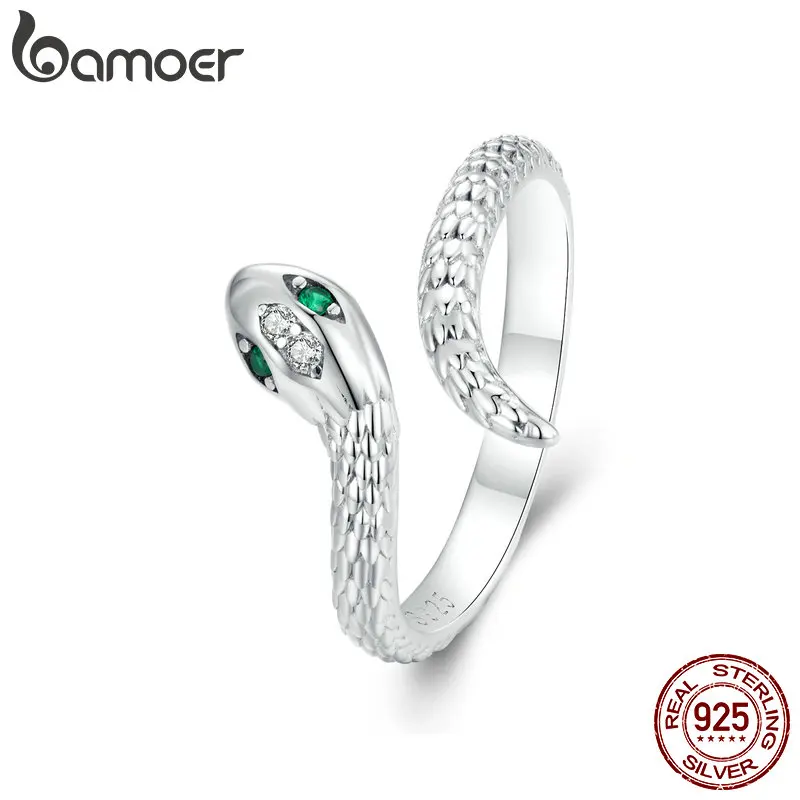 BAMOER 925 Sterling Silver Adjustable Snake Ring Platinum Plated Green Zircon Retro Textures Snake Ring Fashion Jewelry