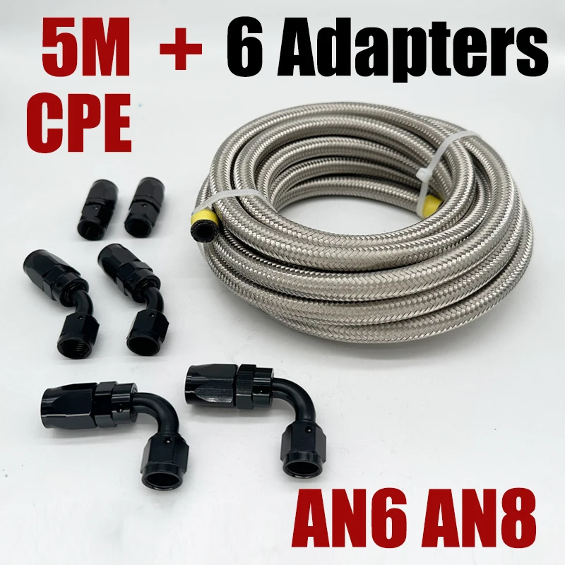 

16FT 5M AN6 AN8 Car Fuel Hose Oil Gas Cooler Hose Line Pipe Tube Stainless Steel Braided Inside CPE Rubber with 6 End Adapters