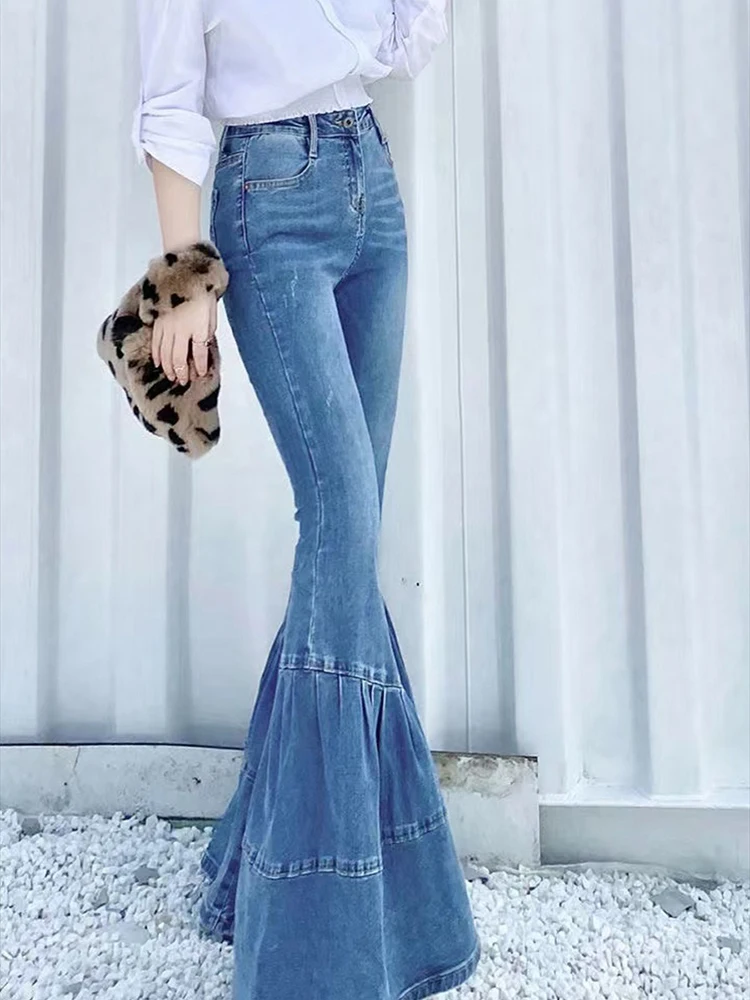 Women Spring Denim Flared Pants High Waist Bell Bottom Boyfriend Plus Size XJ793