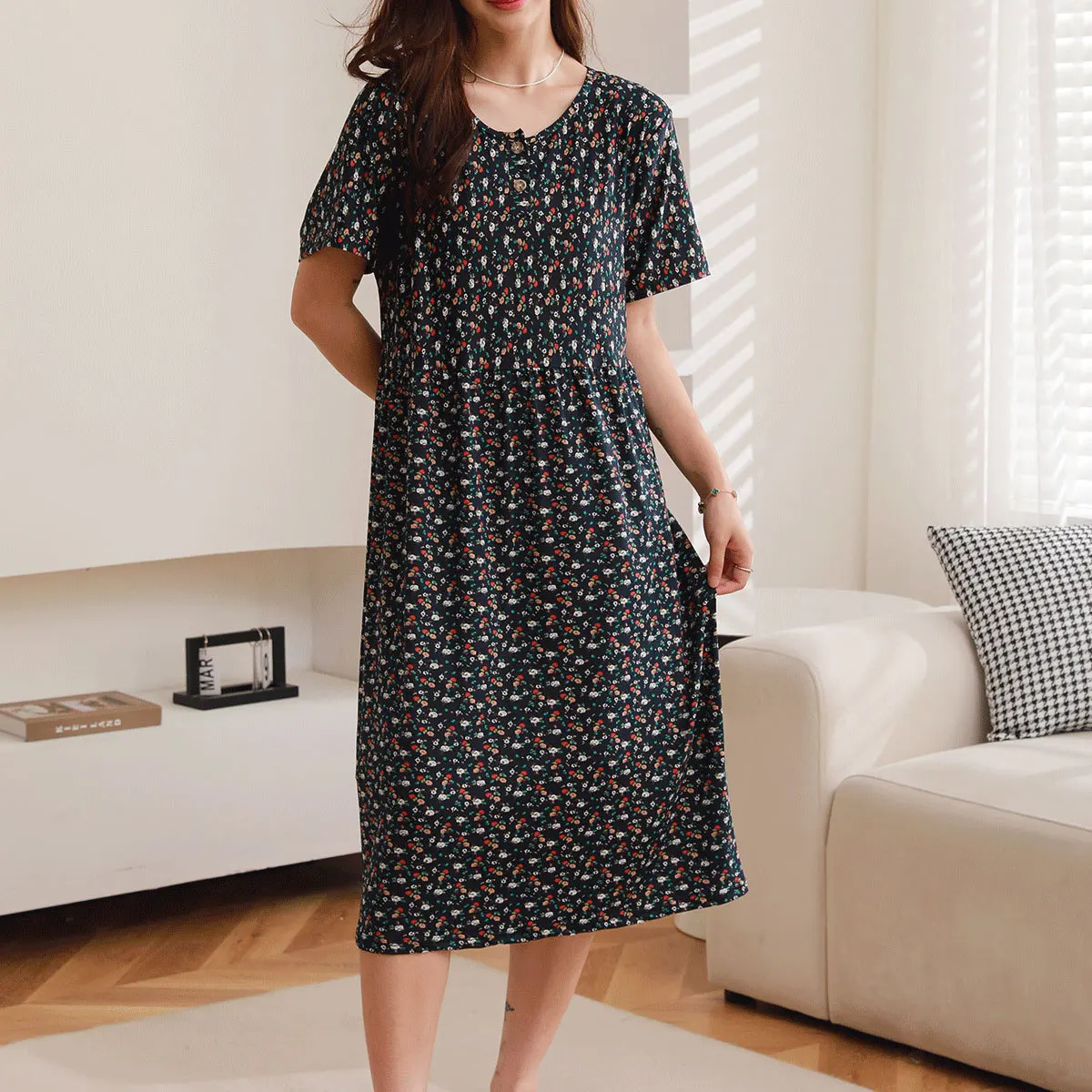 Summer Ladies Nightdress Floral Dress New Nightdress Loungewear Middle-Aged and Elderly Short Sleeve Long Skirt Loungewear