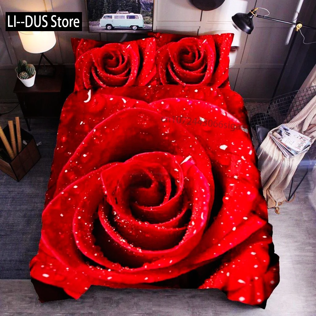 

Flower Duvet Cover Set King Microfiber Red Rose Blossom Flower Bedding Set Red Botanical Comforter Cover Romantic Quilt Cover