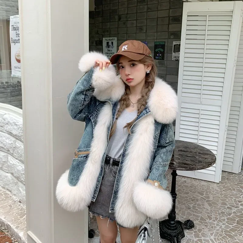Stylish Autumn Winter Women Parka Coat Warm Denim Overcoat Faux Fur Collar Qulited Jacket Casual Warm Coat Female Outwear