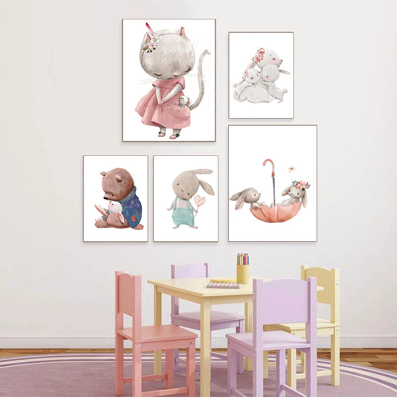 1PC frameless decorative art print,Bear Rabbit Art Canvas Print Baby Bunny Poster Nursery Painting Flower Animals Wall Art Nordi