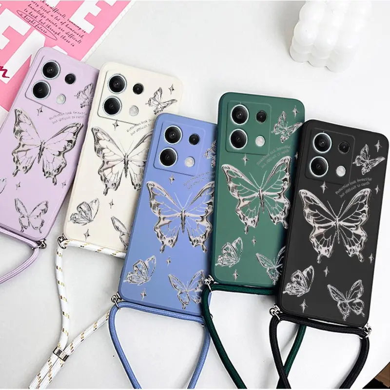 جراب هاتف سيليكون بحبل فراشة فضي ، غطاء لهاتف شاومي ريدمي نوت 13 ، 13R ، 13Pro ، 11T ، 12Pro ، 13Pro Plus ، 11S ، 12S ، 10S