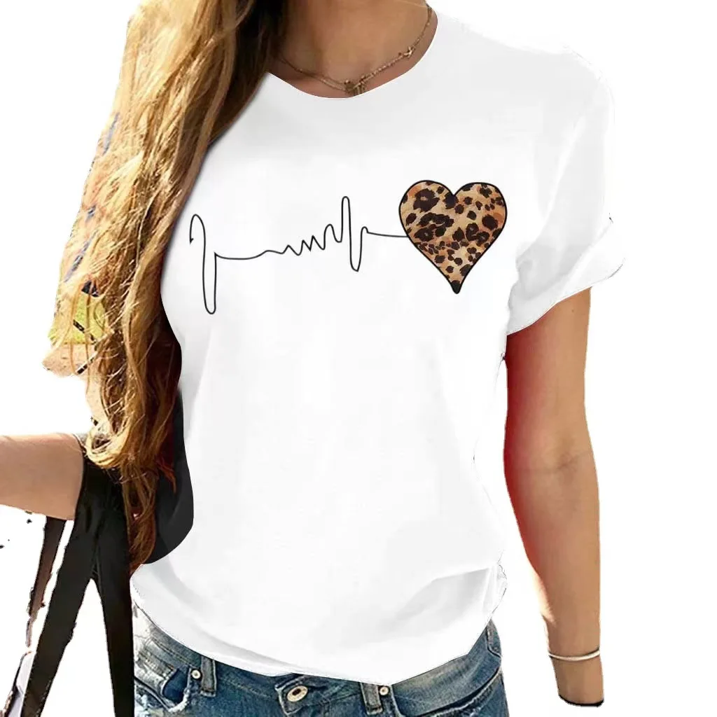 

Summer New 90 ’s Leopard Heartbeat Short Sleeve Print Clothing Women's T-Shirt Harajuku Graphic Clothing Women's Top,Drop Ship