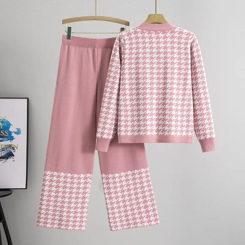 Fashion and Casual Simple Long-sleeved Thousand Bird Grid Wide-leg Pants Two-piece Set