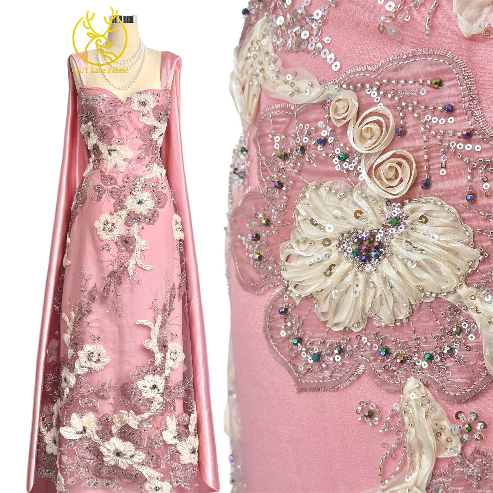 3D Handgefertigter Stickerei-Tüll-Spitzenstoff 2026 Afrikanischer Pailletten-Perlen-Spitzenstoff Nigerianischer Brautkleid-Spitzenstoff DIY Nähstoff – Detail 7
