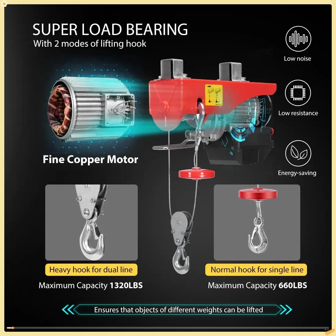 Electric Hoist, 110V 1320 Lbs Winch with Wireless Remote Control, Zinc-Plated Steel Wire Hoist for Garage, Warehouses