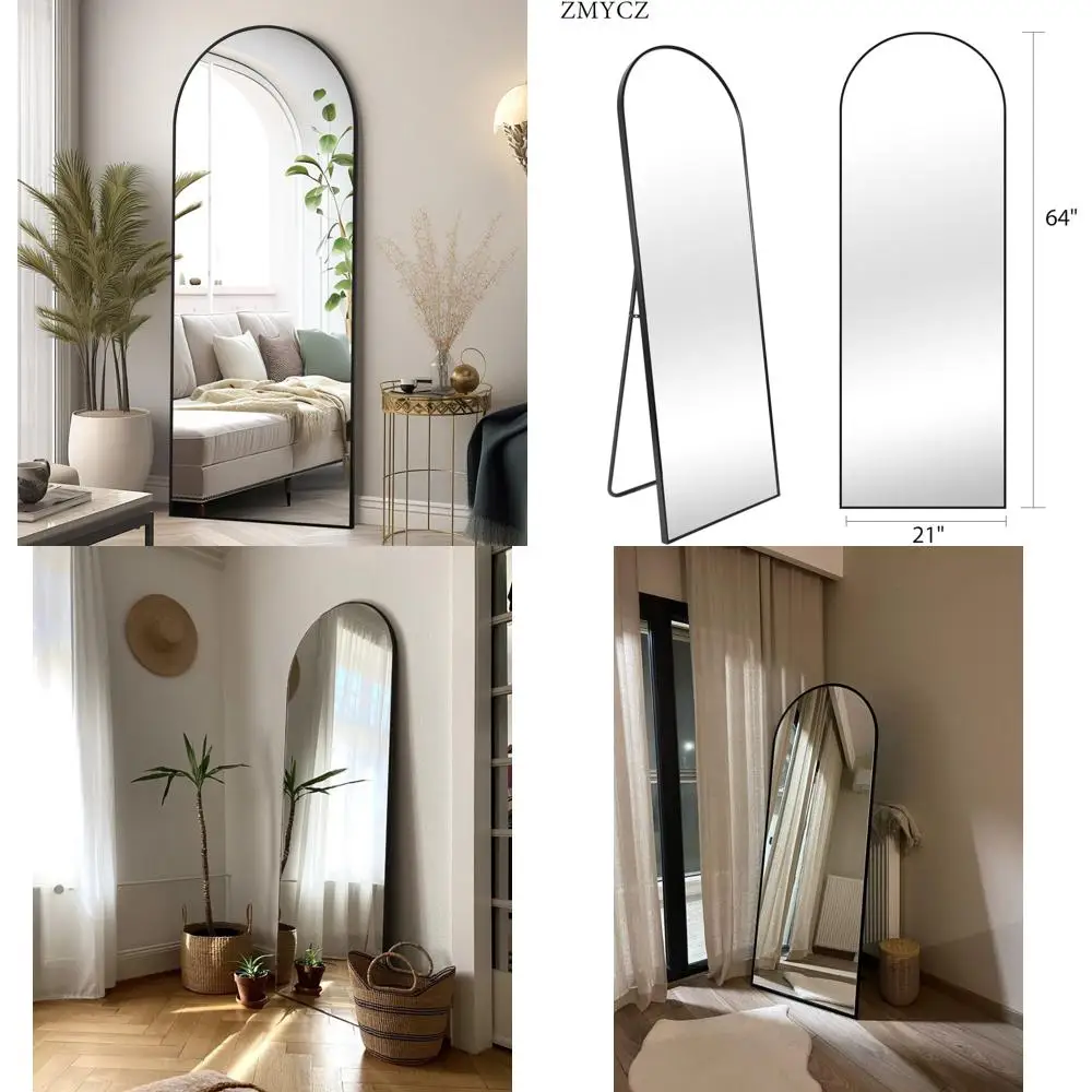 Espelho de chão autônomo de comprimento total arqueado, 64 x 21 polegadas, moldura preta, decoração elegante para casa