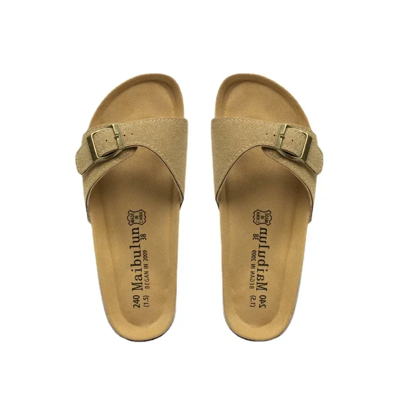 2024Flat Cork Slippers Single-buckle Sandals for men and women Casual Beach Non-slip Outside Nubuck Leather Slip on Slides Shoes