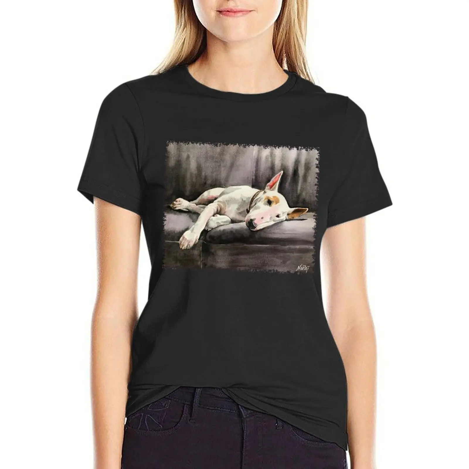 White bull terrier on a black couch T-Shirt summer clothes anime clothes Female clothing Women t-shirts