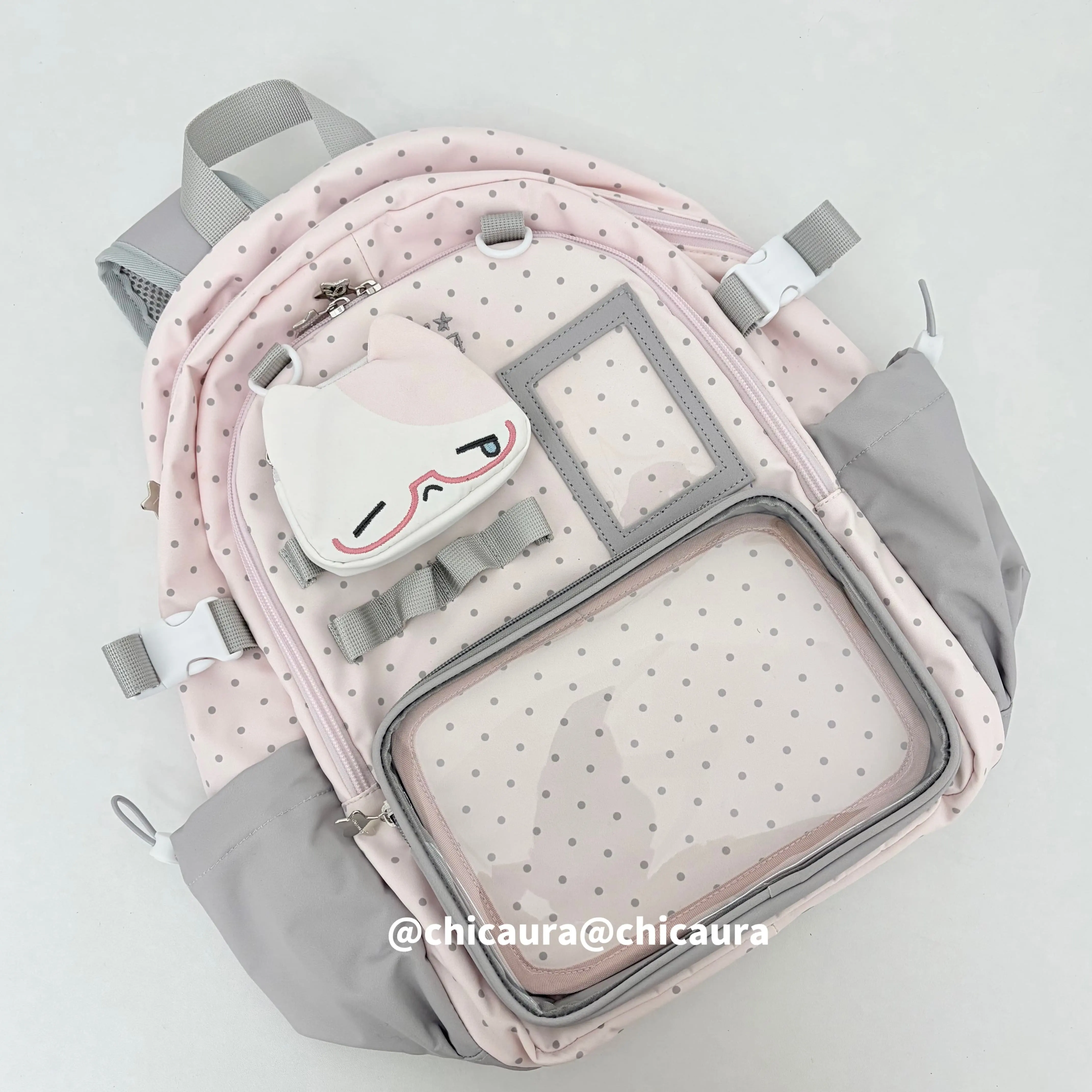 Mochila Feminina Estilo Colegial Azul e Branca com Gato de Desenho Animado, Bolsa de Maternidade, Bolsa de Bebê, Mochila Escolar Feminina de Grande Capacidade com Bolinhas