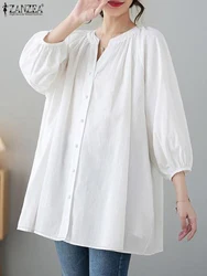 ZANZEA Women Korean Fashion Long Shirts Autumn 2024 Casual 3/4 Puff Sleeve V Neck Camisas Streetwear Loose Solid A-line Blouses