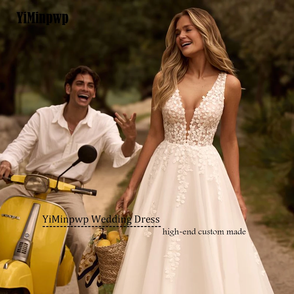 Elegant Wedding Dress Sleeveless V-Neck Applique Lace Bride Gowns Double V-Neck For Women A-Line Boho robe de mariée Customized