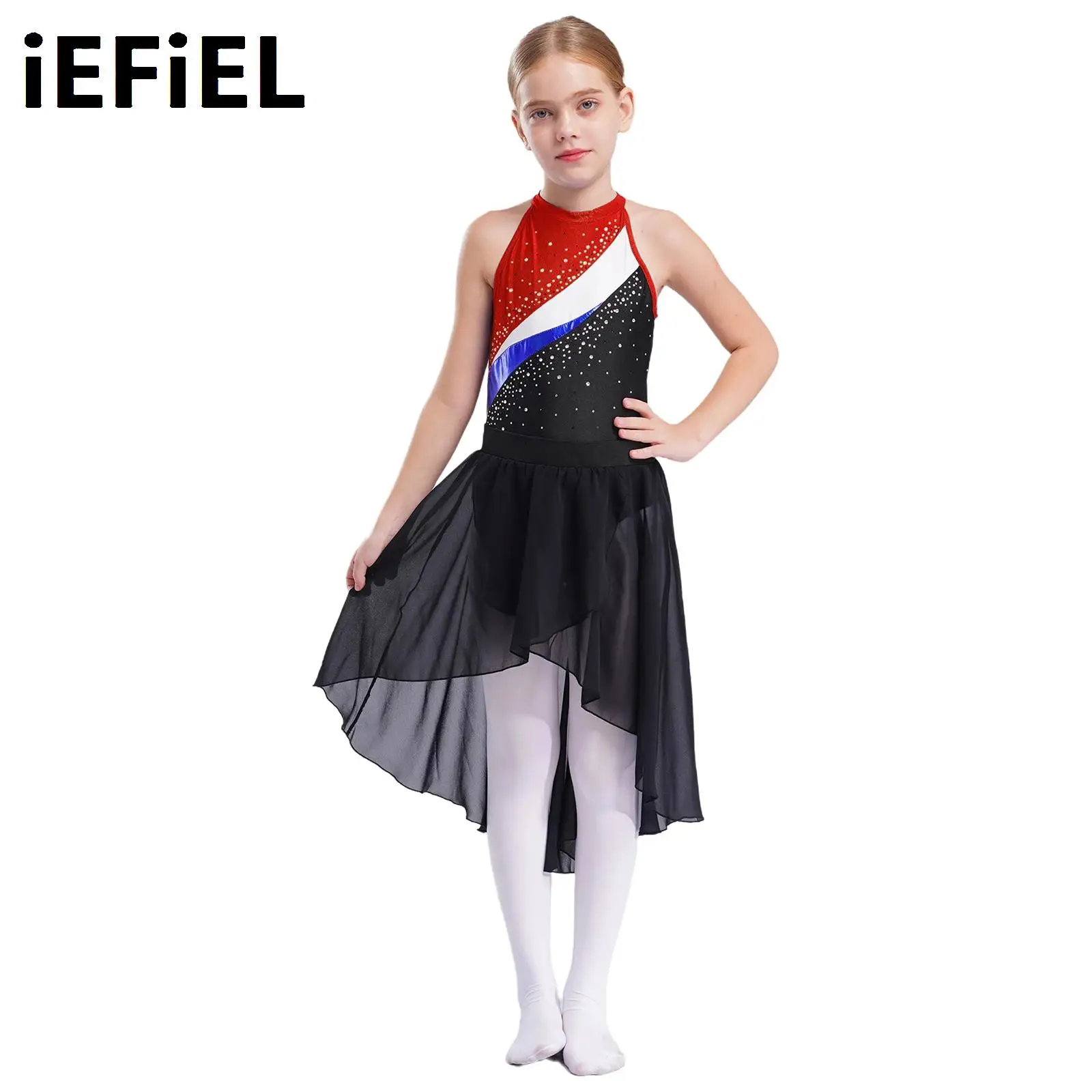 

Kids Girls Dance Sets Shiny Rhinestones Decorated Leotard with Hair Tie And High-low Skirt for Dance Practice Performance