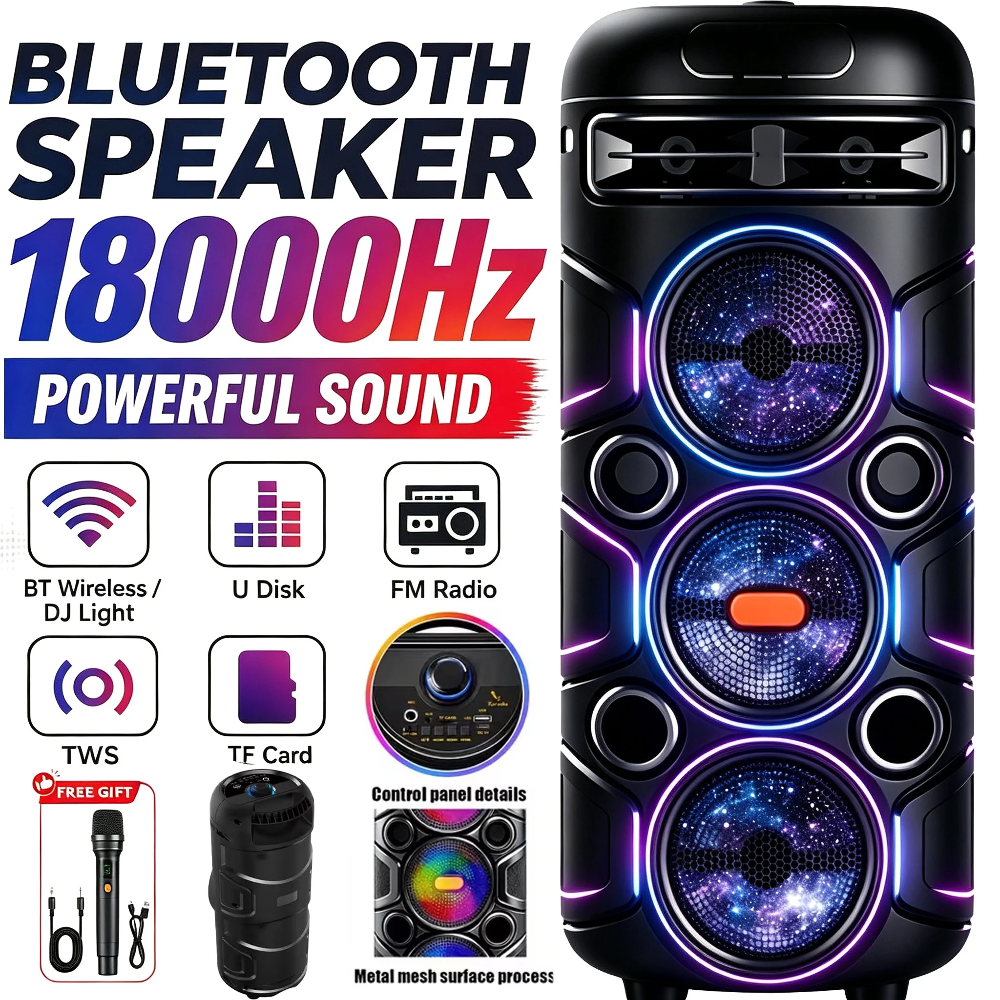 Portable wireless Bluetooth speaker with microphone and multi-mode colorful lights. Supports TF card, USB Type-C port and FM radio. Suitable for parties, outdoor camping, square dancing and other occasions. A lovely gift.