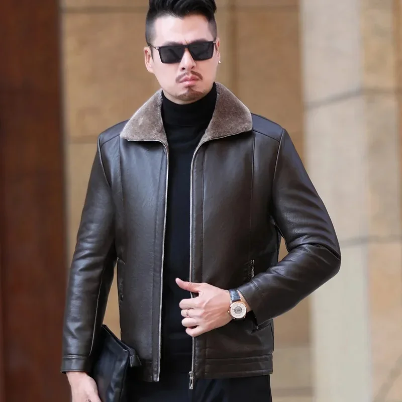 New Men's Thickened Leather Jacket Autumn And Winter Warm Fur One Coat Business Casual Lapel Zipper Top