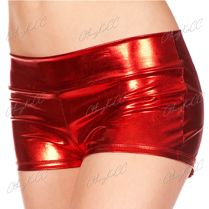 Woman Sexy Shorts Shiny PU Mid Waist  Adult Purple Blue Red Silver Metallic Rave Booty Dance Leather Shorts S-2XL