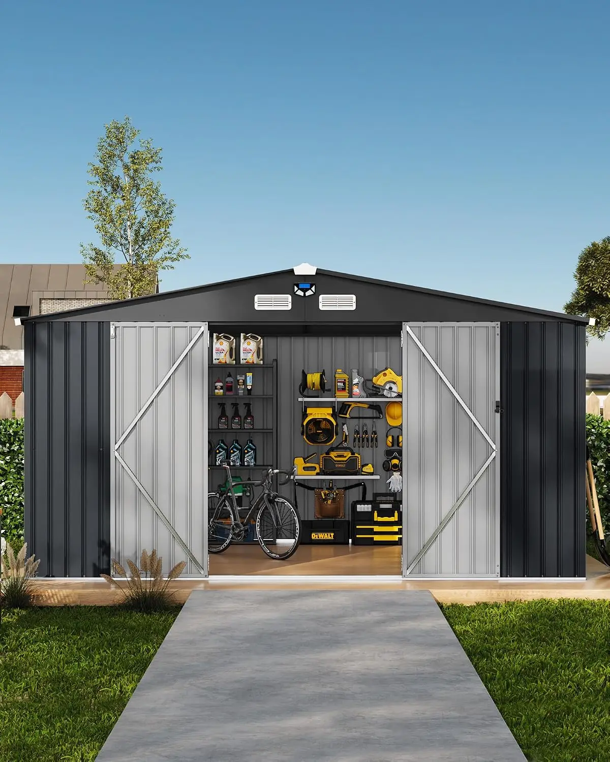 10x12 ft Outdoor Storage Shed, Metal Garden Tool Shed with Updated Frame Structure, Lockable Doors and Windows, Ideal, Custom