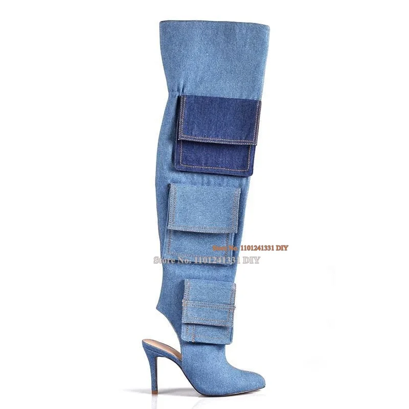 

Denim Thigh High Boots Light Blue Women Pointed Toe Thin High Heeled Over The Knee Thigh High Jeans Bota