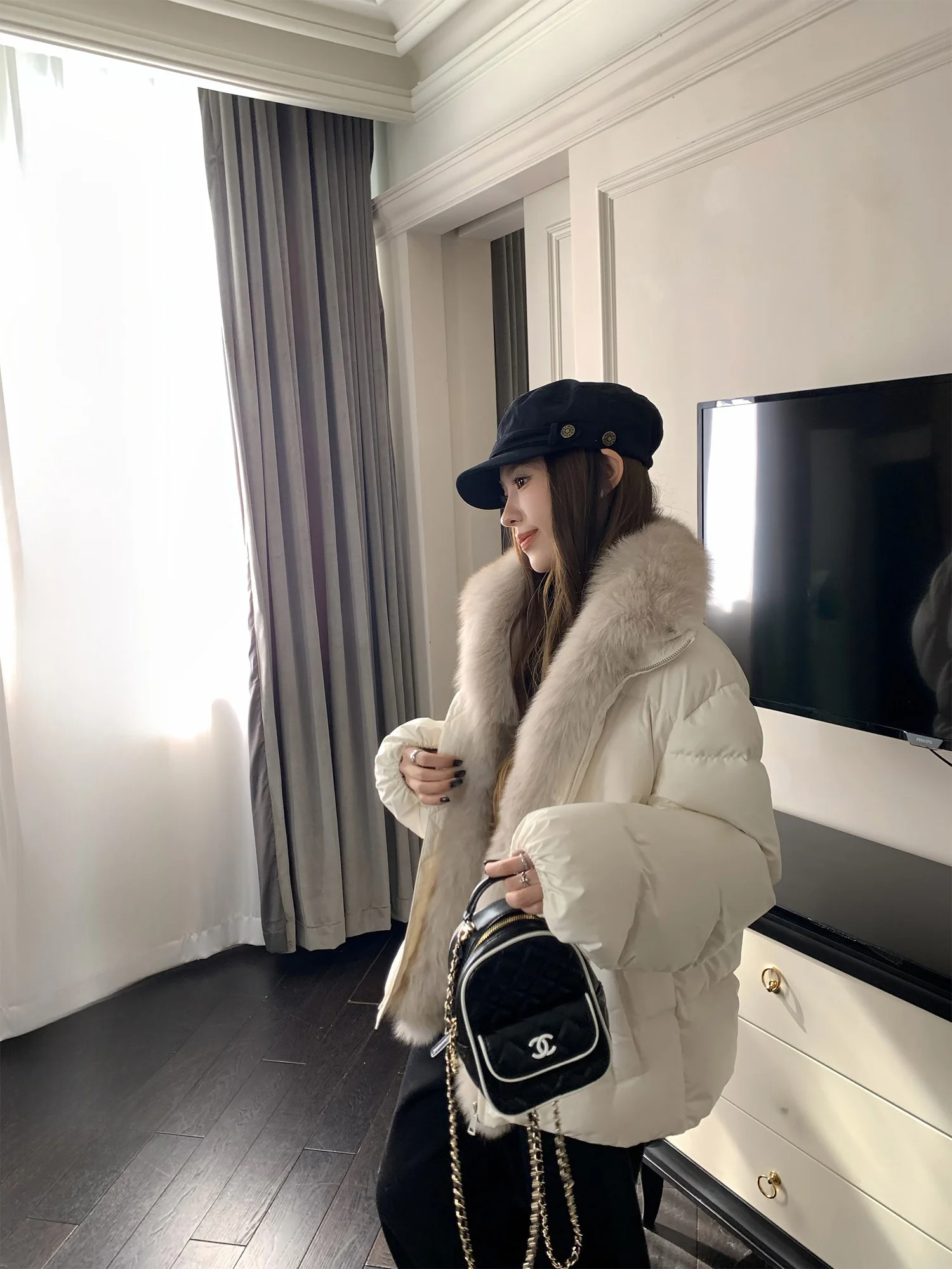 

Hhi Snowy Fuji Mountain White Du down Super Fluffy Fur Collar Women's Jaet Warmth Casual Sle Thiened Winter Coat