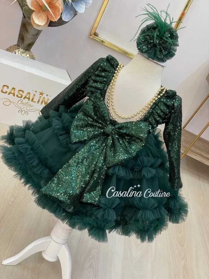 BABYONLINE abito natalizio verde smeraldo per bambina bambina appendere perline dorate struttura gonna a strati dominano sotto la cintura