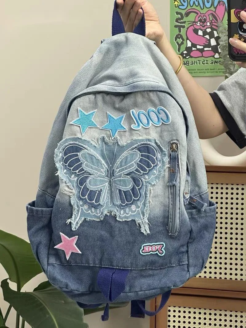 Harajuku Backpacks For Teenage Girls Dyed Washed Denim Blue Butterfly Star Cool Academy Backpack School Korean Style Bag Pack