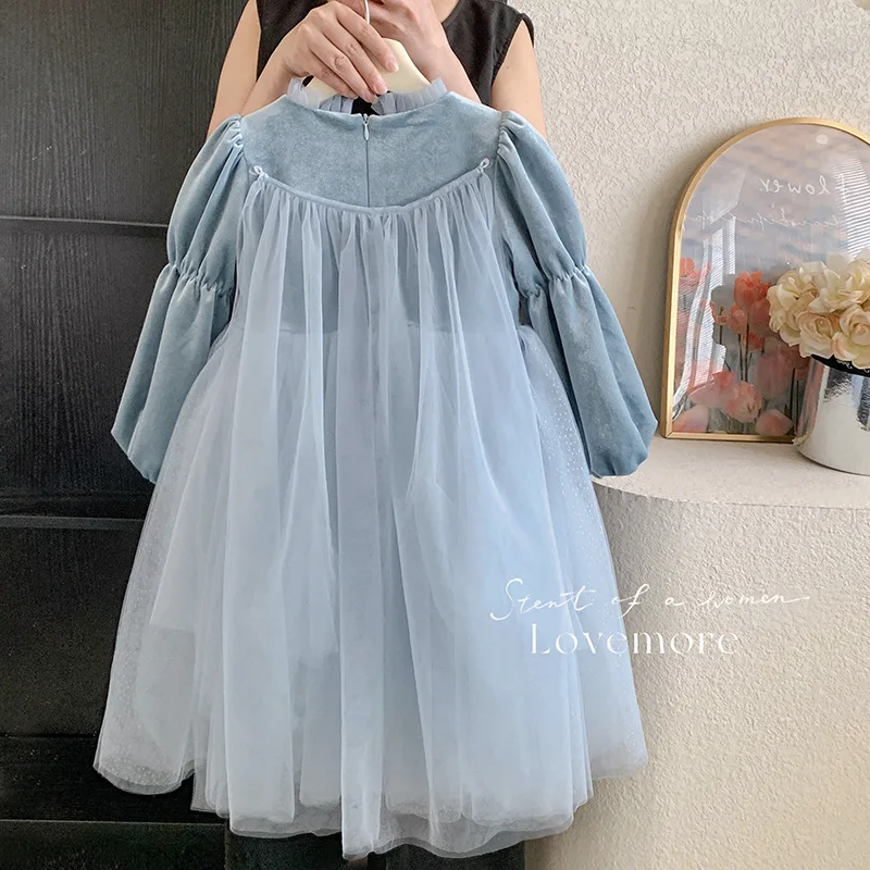 Kid Girl Light Blue Long Sleeve Dress for Children Intricate Snowflake Embroidery Puff Sleeves Layered Glittering Tulle Skirt