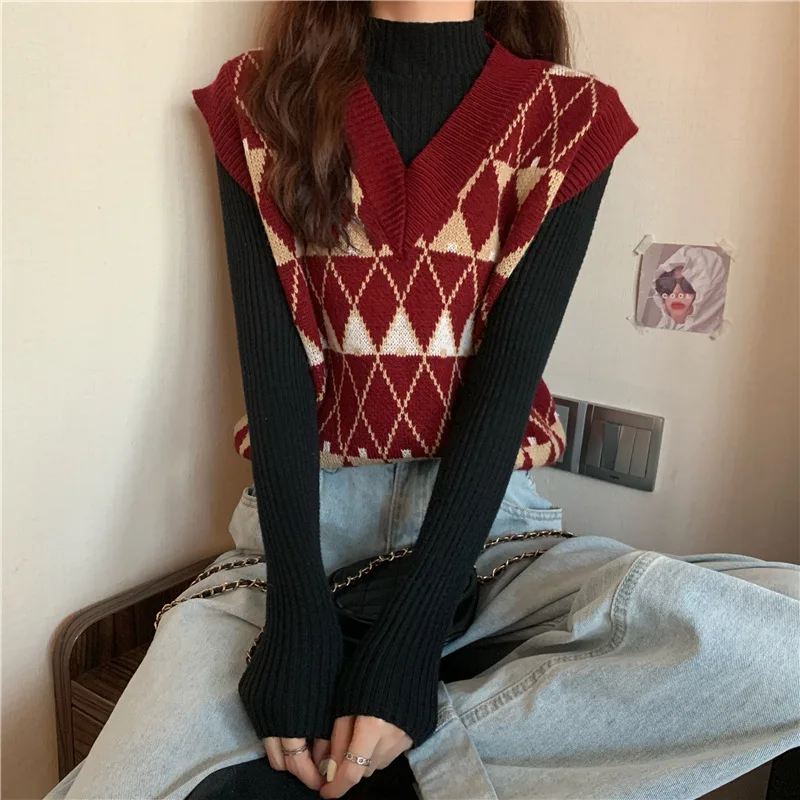 Womens Red Plaid Knitted Vest V-neck Waistcoat Sleeveless Jumper Sweater Tank Top Female Outerwear