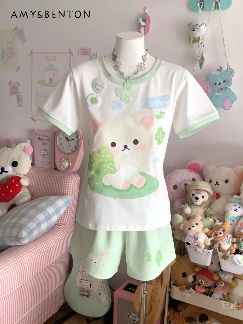 

2025 New Japanese Summer Original Cute Home Printing Pure Cotton Casual Versatile Short Sleeves with Short Suits For Women
