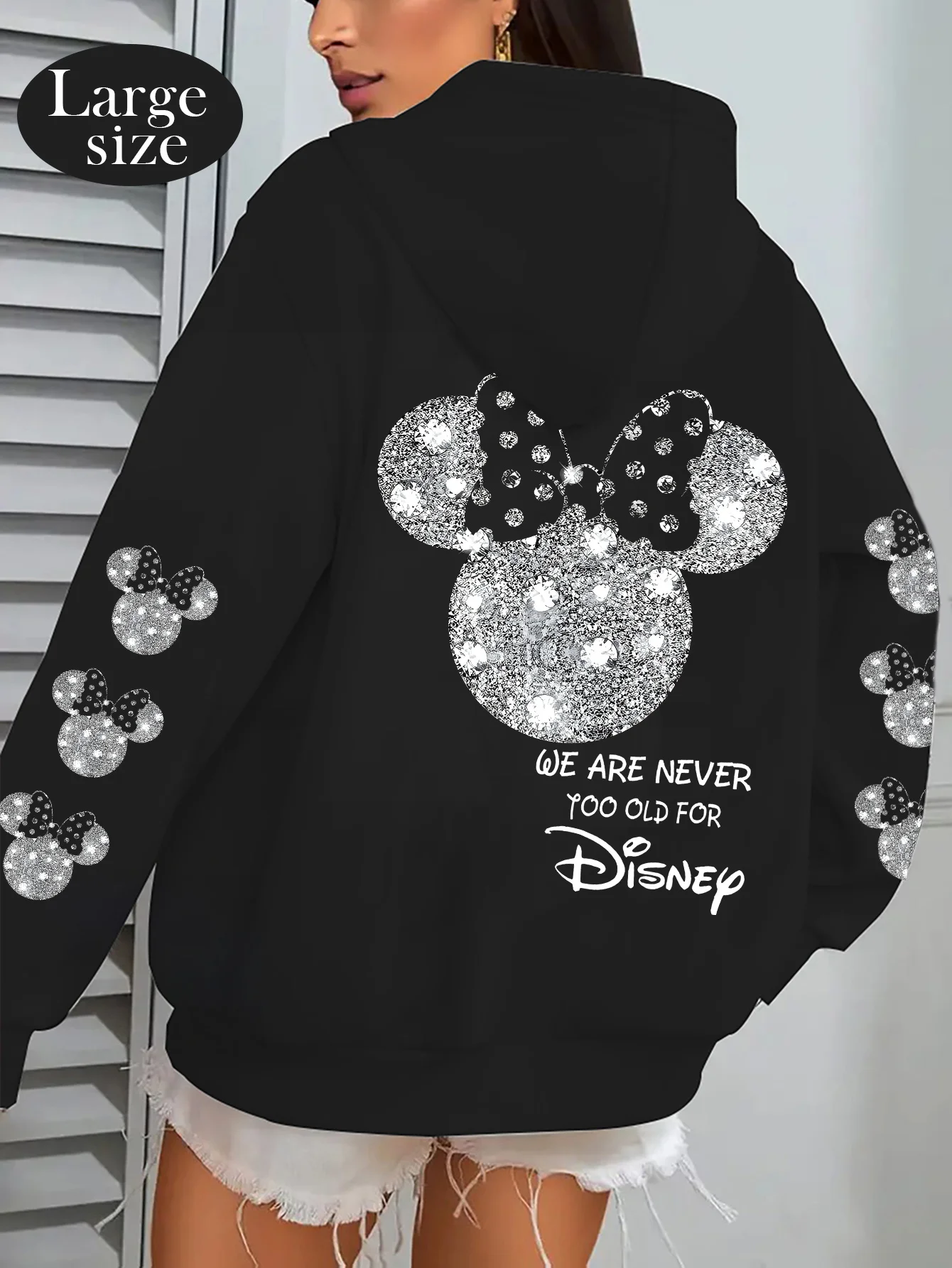 Dames Disney katoenfleece hoodie roze kleur grote rug Minnie Head glitter strik- en mouwpatronen losse pasvorm ​