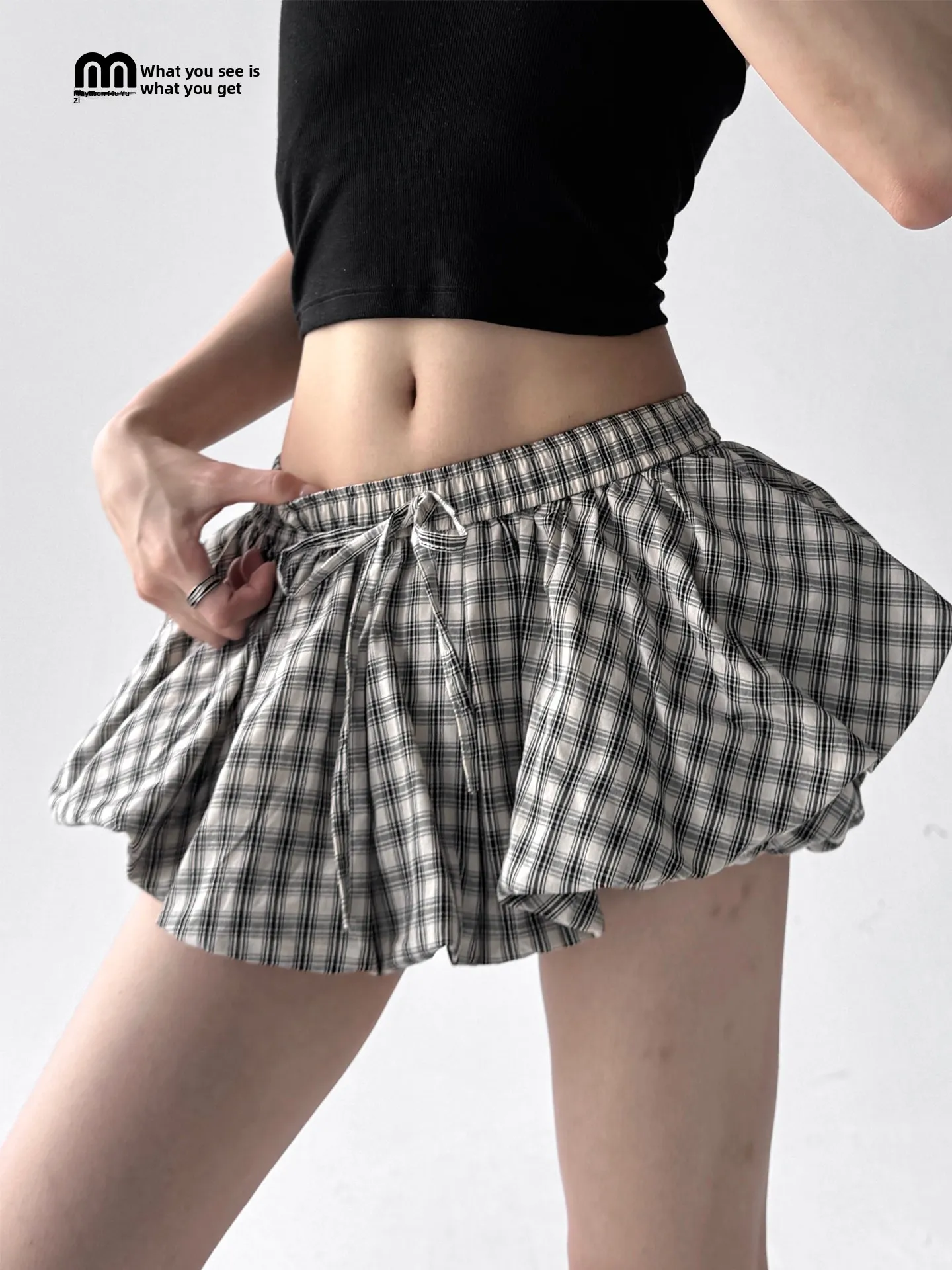 

ay Plaid Bloomer Skirt High Waist A-Line Skirt Women's Summer New Sle Slimming Skirt Polyester Blend ort Skirt