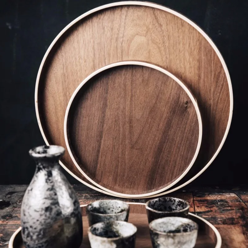 

Japan Style Black Walnut Round Storage Tray, Natural Wood Tea Tray, Household Fruits Plate, Desserts Plate