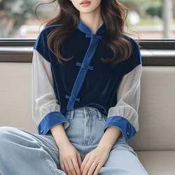 Vintage Women's Blouses Korean Shirts Corduroy Loose Spring/Autumn Casual Loose Clothing Long Sleeve Chinese Style Women Tops