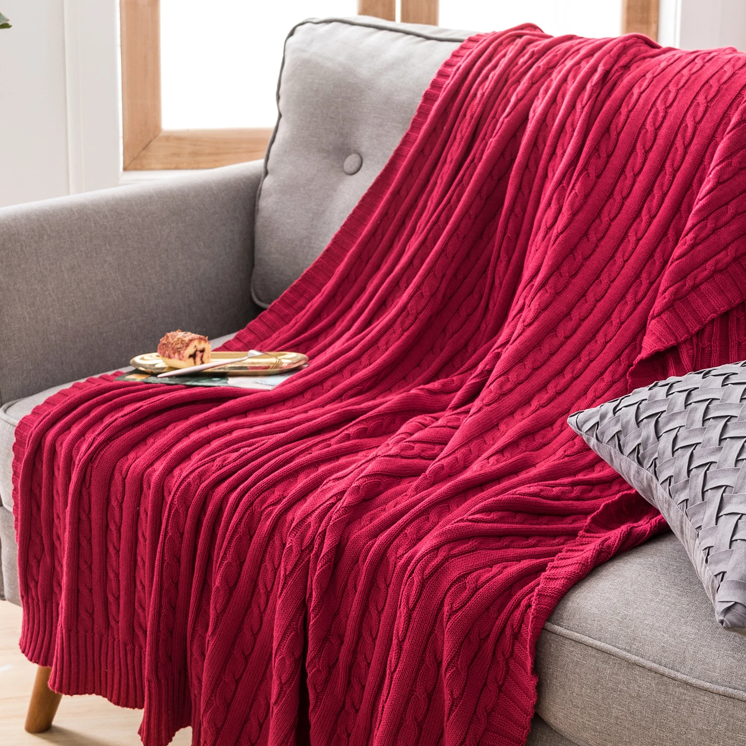 Battilo Cotton Knitted Throw Blanket Soft Cozy Cable Knit Sofa Throws Large Heavyweight Decorative Blanket for Twin Queen Bed