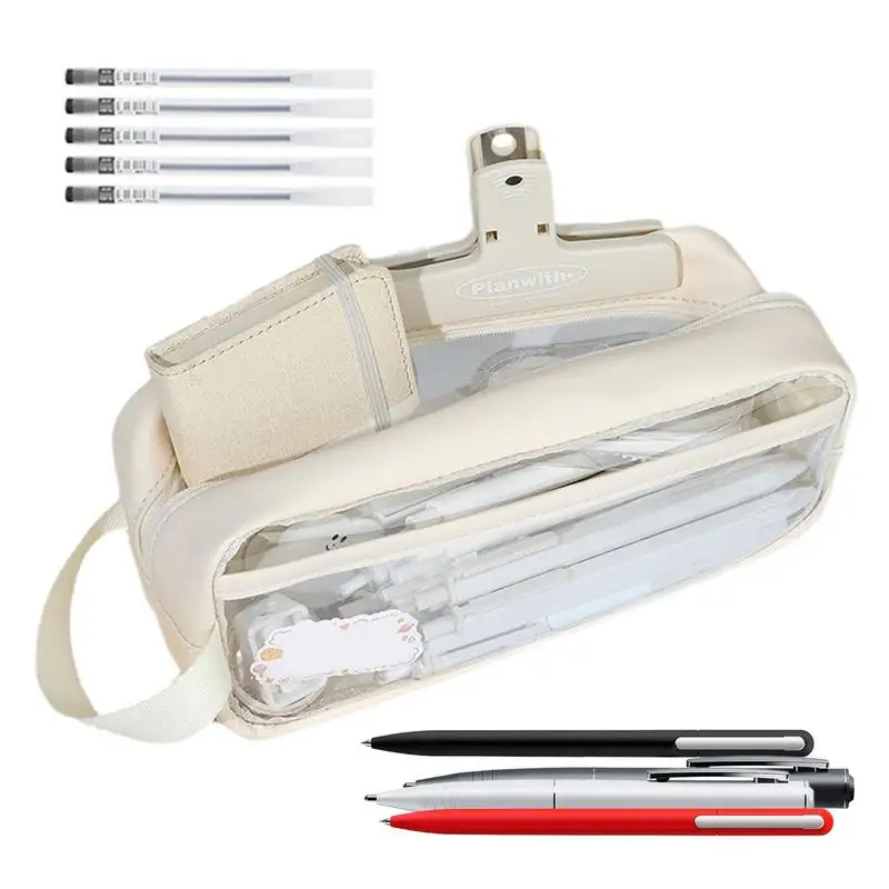 Bolsa de lápices de PVC transparente de gran capacidad con cremallera, estuche portátil con asa, soporte para bolígrafos, organizador de escritorio portátil para adolescentes, bolsa para lápices, escuela y